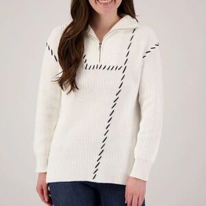 Multiples White & Navy Whip stitch Quarter Zip Sweater Sz. MD.